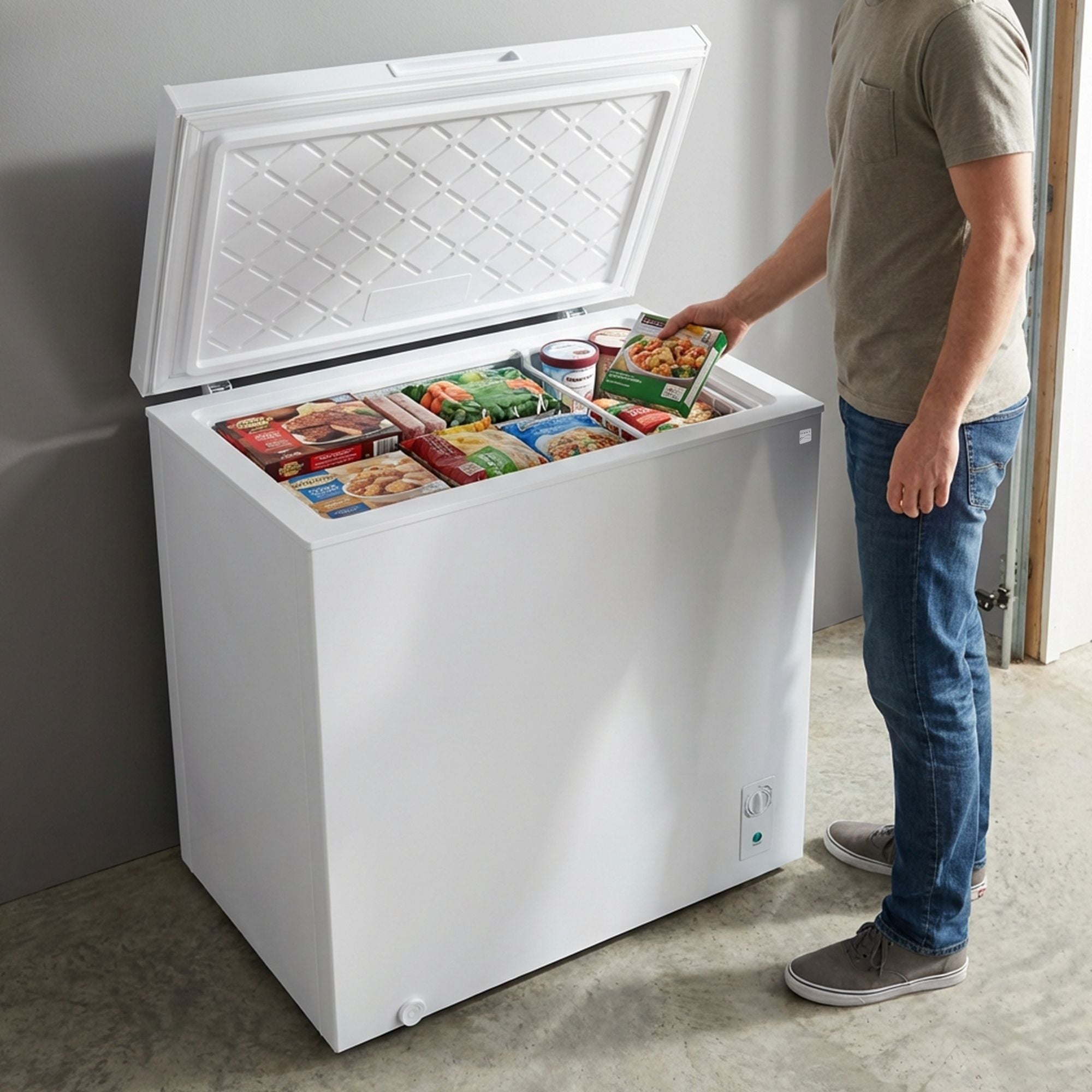 Kenmore convertible chest freezer, open, with a person placing food inside, in a garage