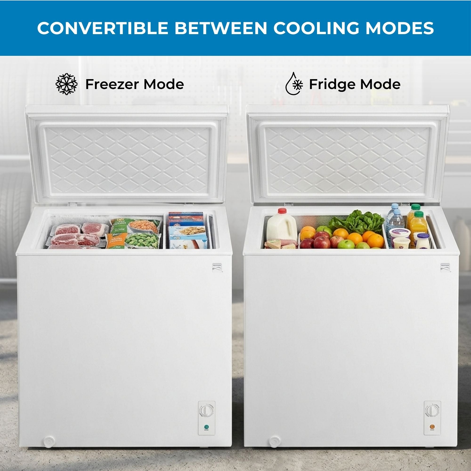 Two pictures of the Kenmore convertible chest freezer filled with frozen and refrigerated food, labeled "Freezer mode," and "Fridge mode." Text above reads, "Convertible between cooling modes"