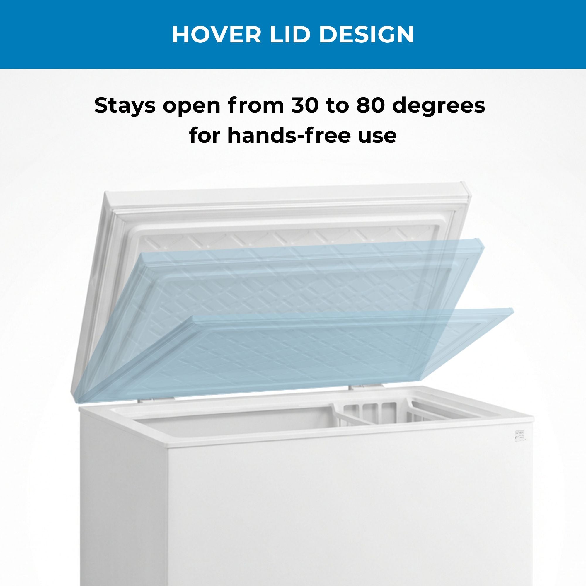 Kenmore convertible chest freezer with lid open to different angles and text above reading, "Hover lid design: Stays open from 30 to 80 degrees for hands-free use"