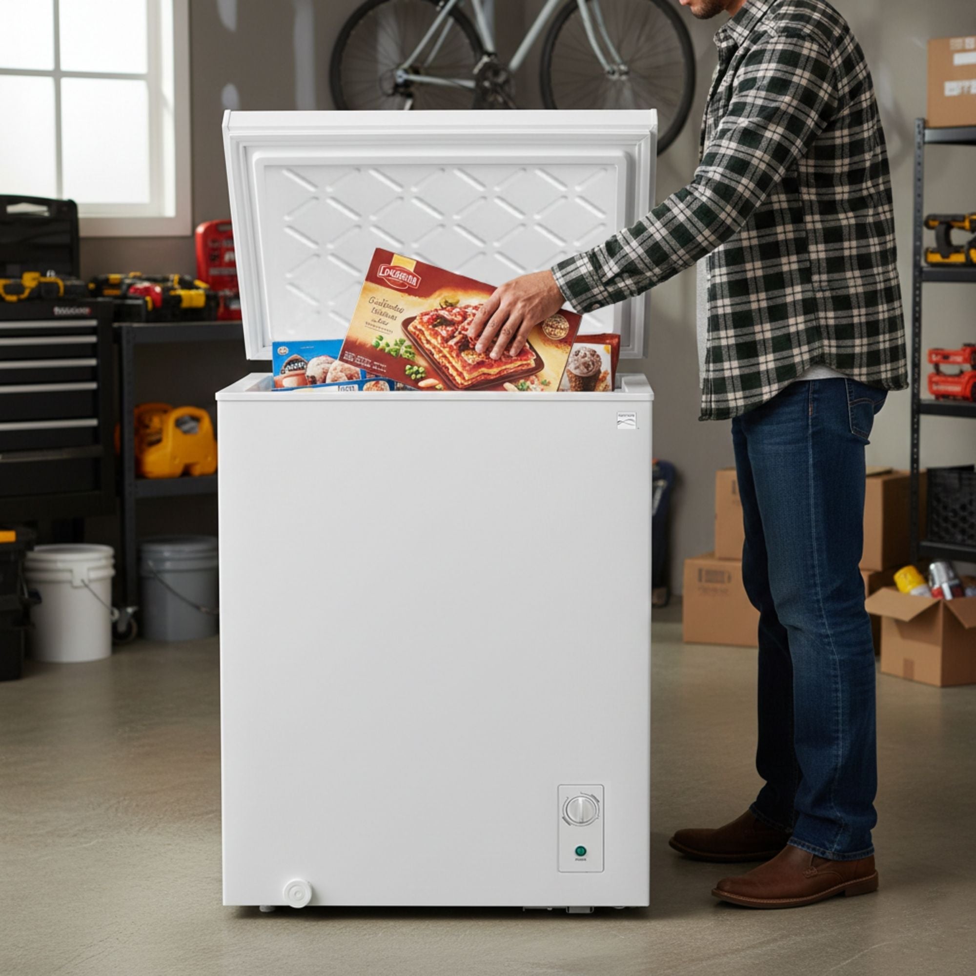 Kenmore convertible chest freezer, open, with a person placing food inside, in a garage