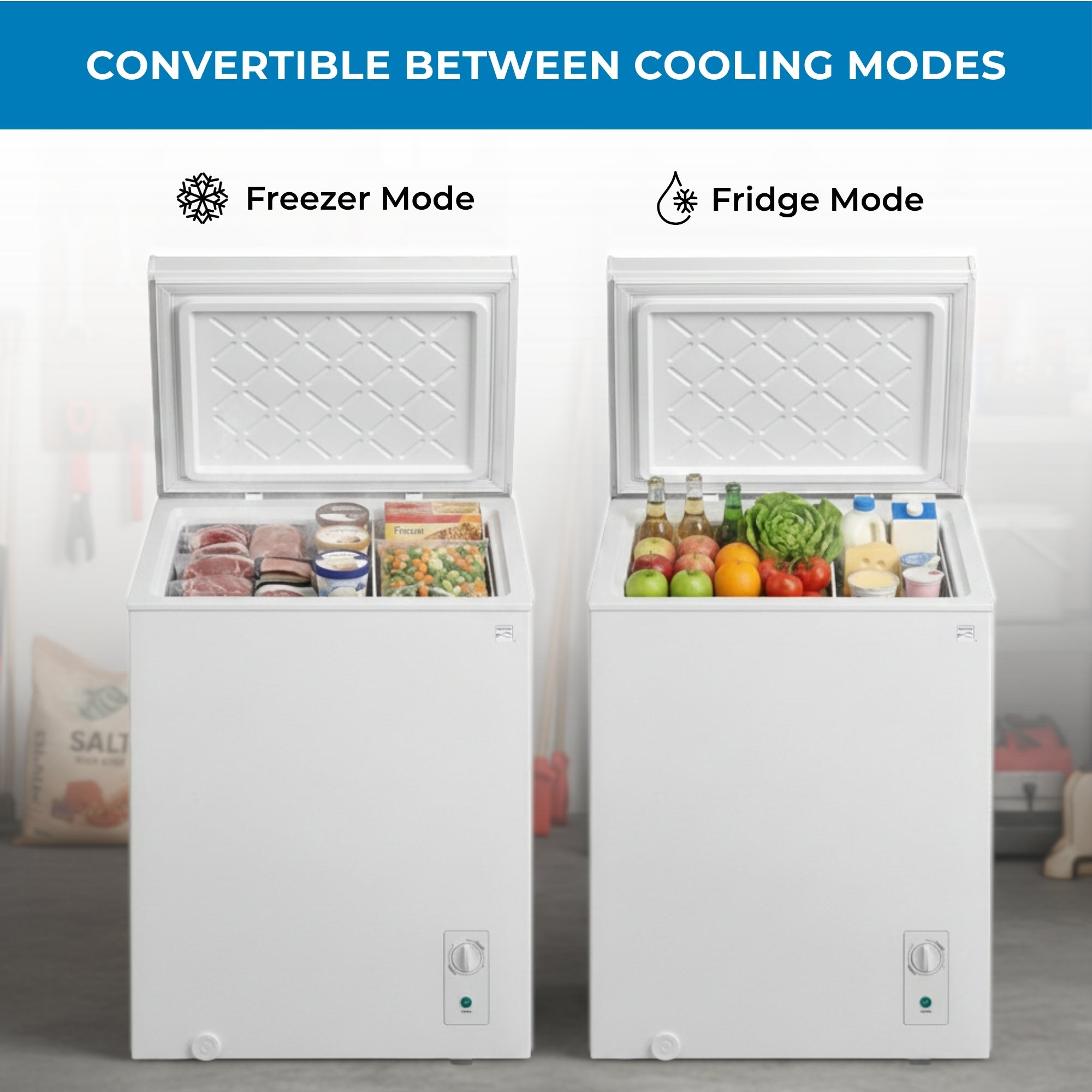 Two pictures of the Kenmore convertible chest freezer filled with frozen and refrigerated food, labeled "Freezer mode," and "Fridge mode." Text above reads, "Convertible between cooling modes"