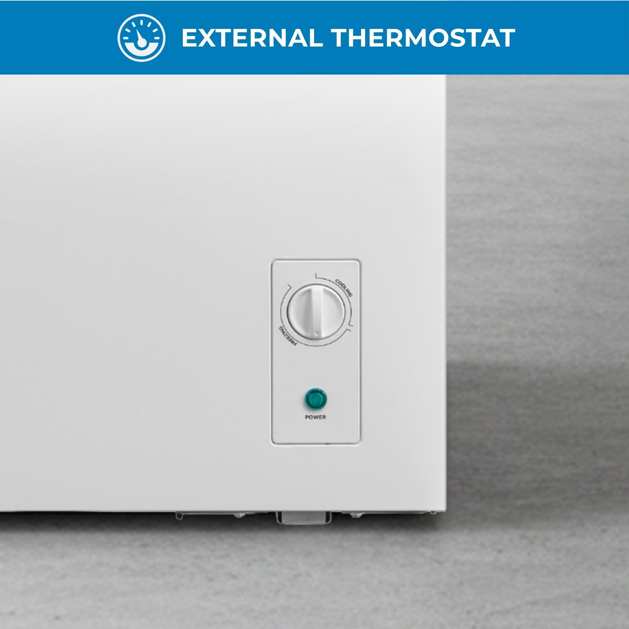 Closeup of the manual thermostat on the Kenmore convertible chest freezer with text above reading, "External thermostat"