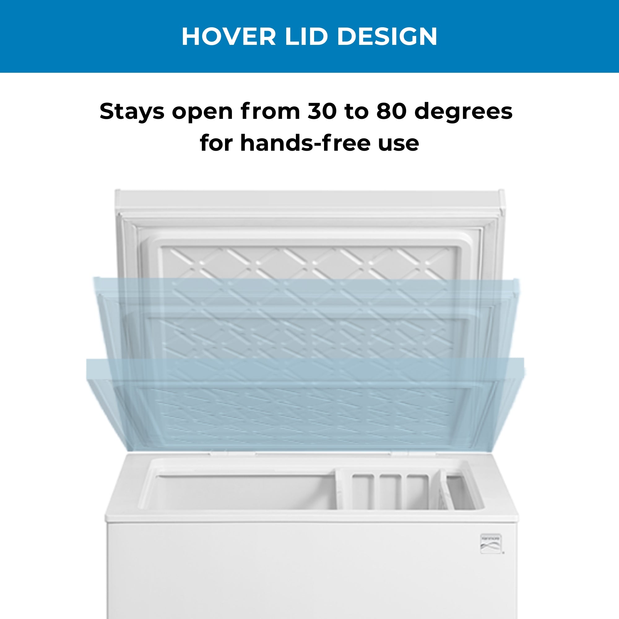 Kenmore convertible chest freezer with lid open to different angles and text above reading, "Hover lid design: Stays open from 30 to 80 degrees for hands-free use"