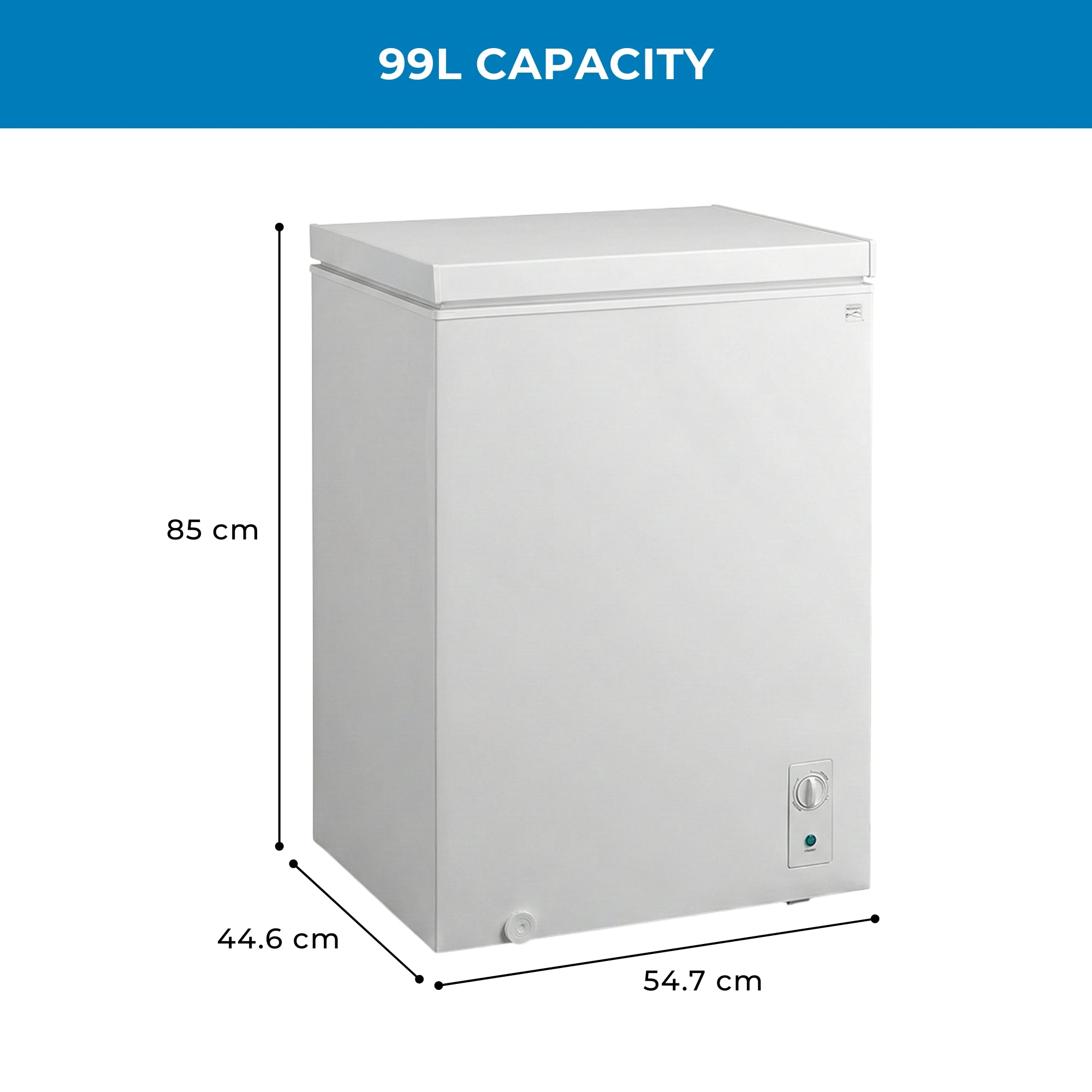 Kenmore convertible chest freezer, closed, on a white background with capacity and dimensions labeled.