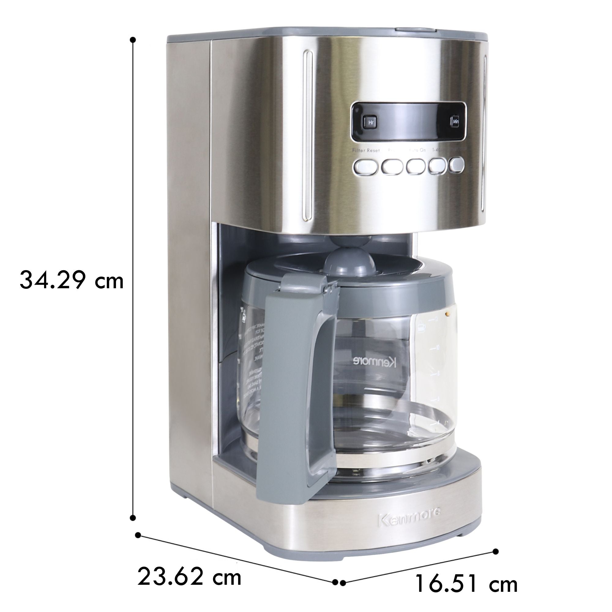 Kenmore 12 cup programmable coffeemaker on a white background with dimensions labeled