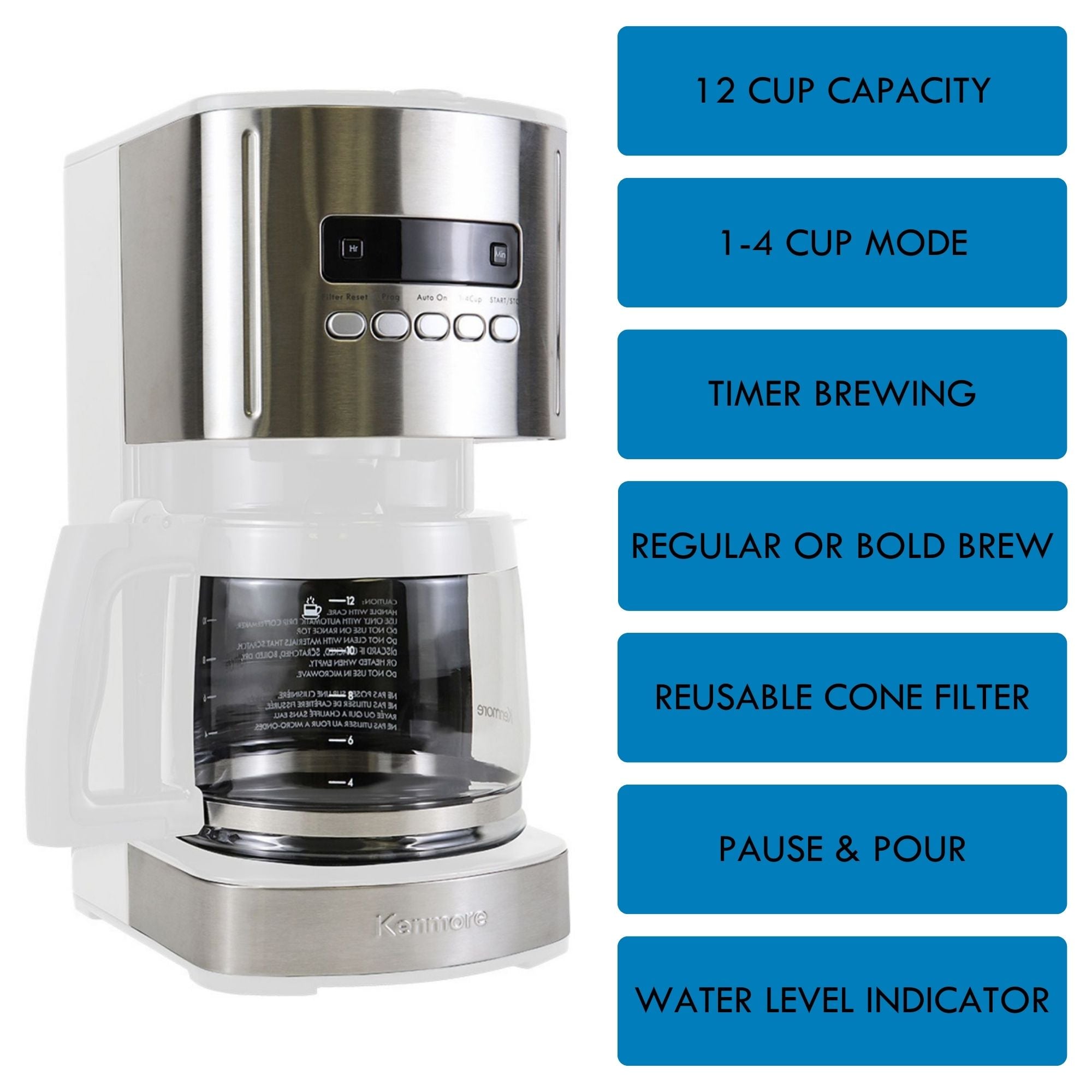 Kenmore Aroma Control 12-Cup Programmable Coffee Machine, White and Stainless Steel Drip Coffee Machine, Glass Carafe, Reusable Filter, Timer, Digital Display Charcoal Water Filter, Regular or Bold