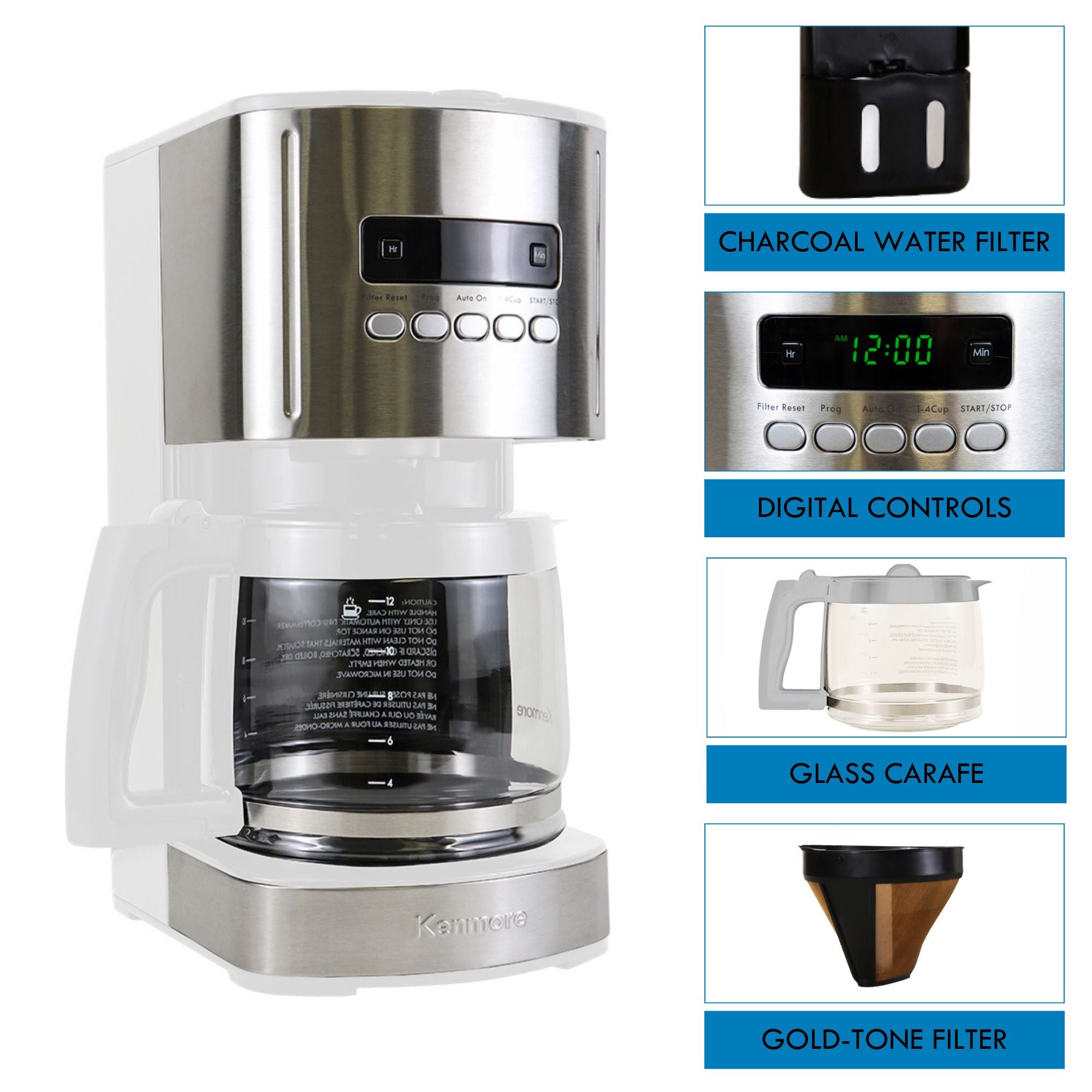Kenmore Aroma Control 12-Cup Programmable Coffee Machine, White and Stainless Steel Drip Coffee Machine, Glass Carafe, Reusable Filter, Timer, Digital Display Charcoal Water Filter, Regular or Bold