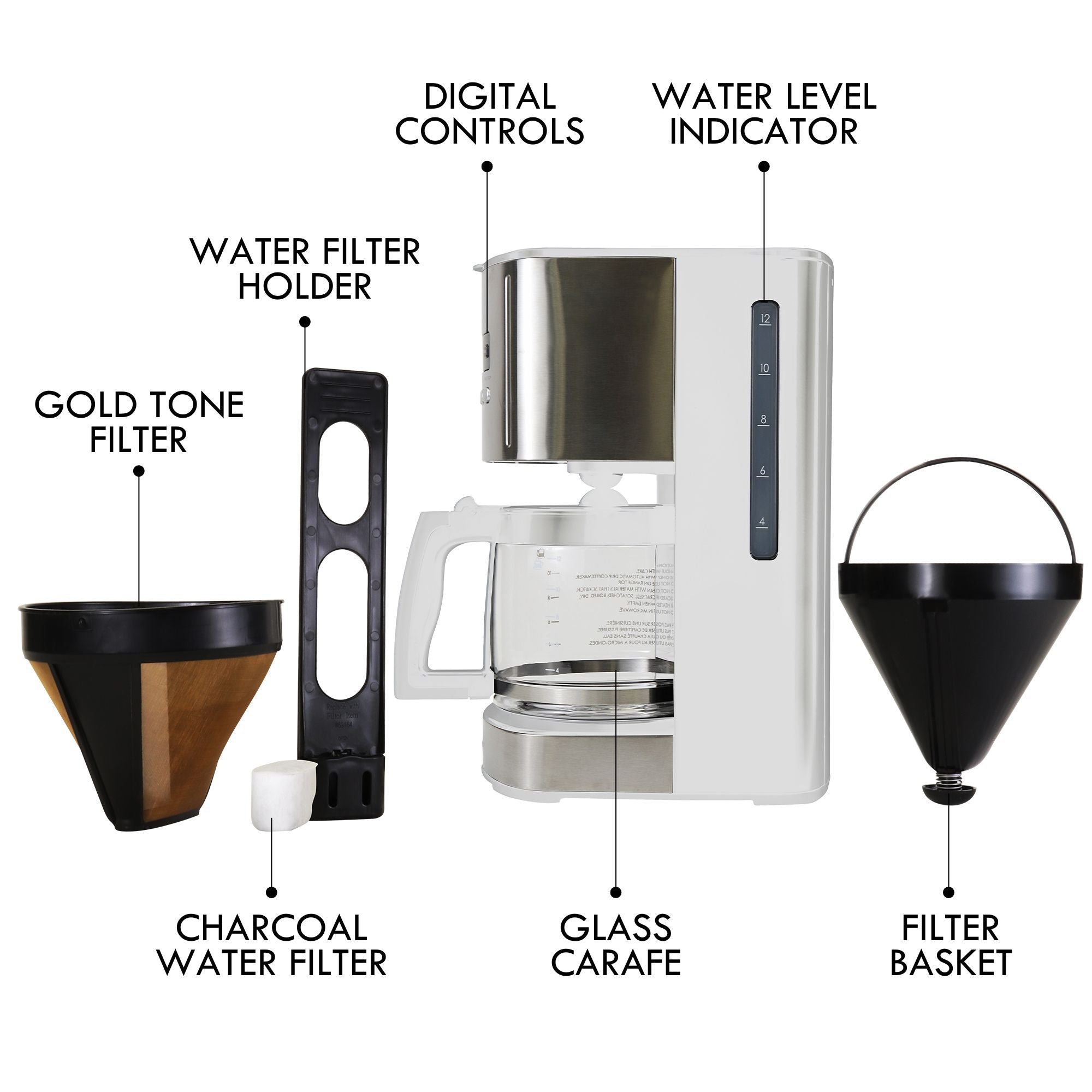 Kenmore Aroma Control 12-Cup Programmable Coffee Machine, White and Stainless Steel Drip Coffee Machine, Glass Carafe, Reusable Filter, Timer, Digital Display Charcoal Water Filter, Regular or Bold