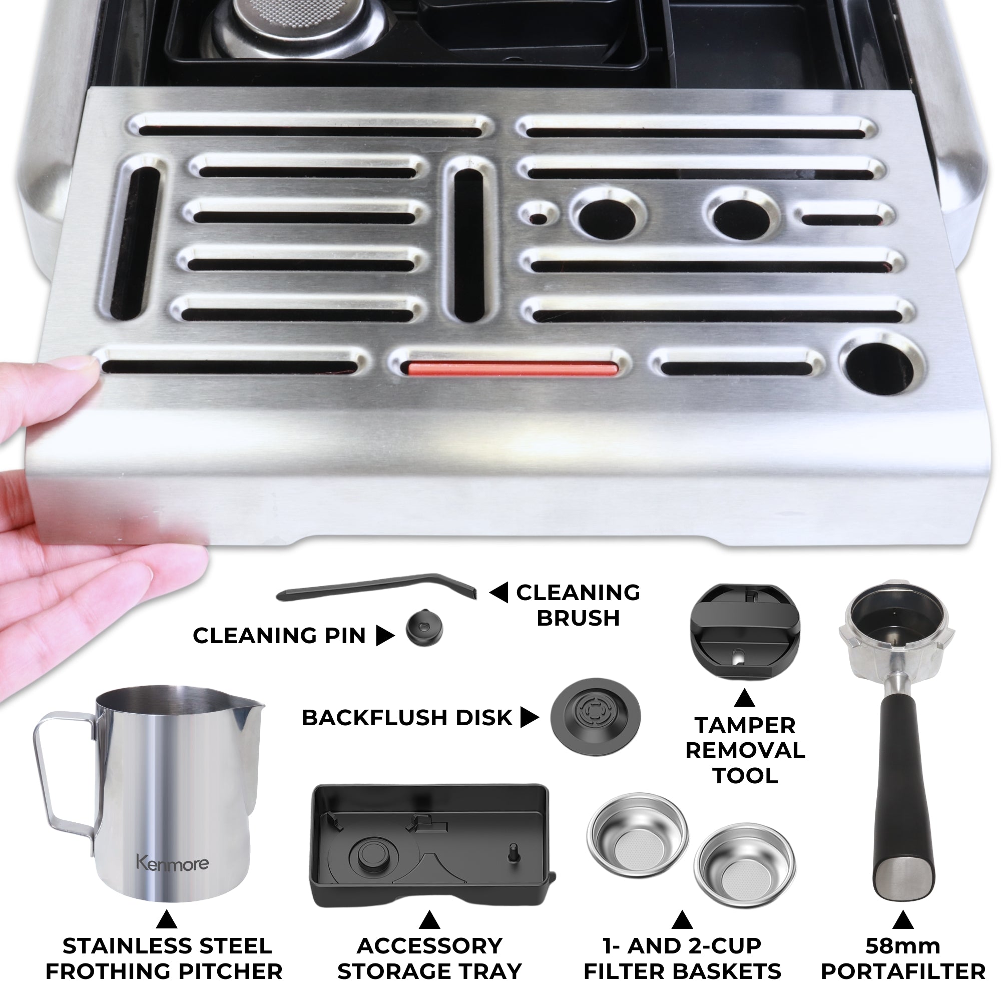 Kenmore Elite Auto-Tamping Espresso Machine With Grinder | Semi-Automatic Coffee Maker | 15 Bar Italian Pump, Stainless Steel