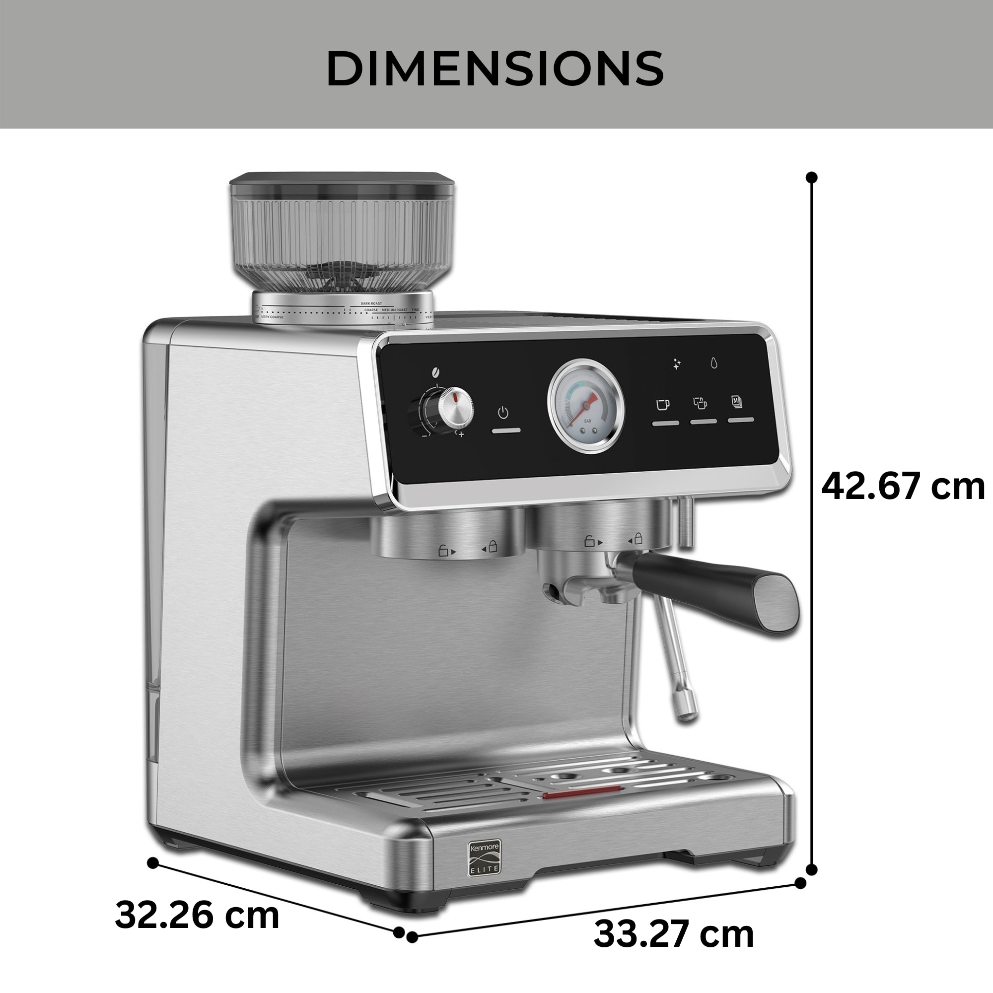 Kenmore Elite Auto-Tamping Espresso Machine With Grinder | Semi-Automatic Coffee Maker | 15 Bar Italian Pump, Stainless Steel