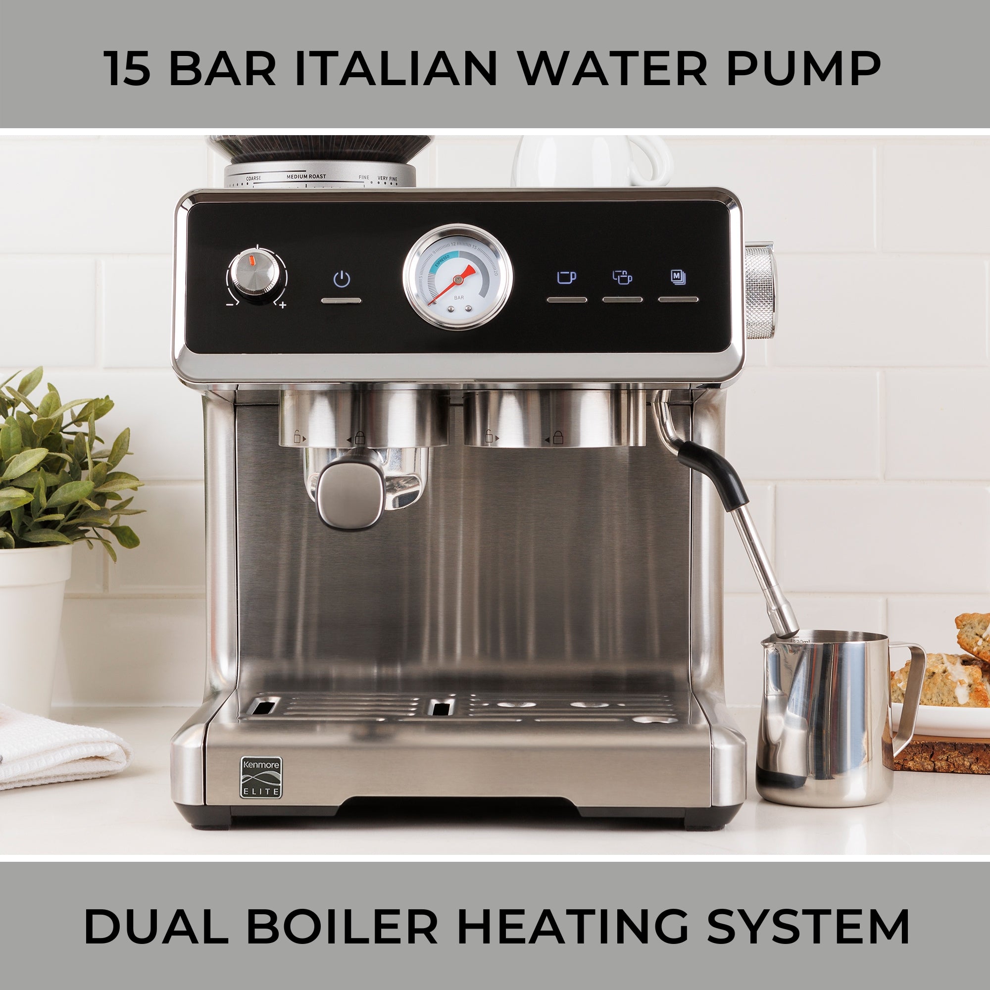 Kenmore Elite Auto-Tamping Espresso Machine With Grinder | Semi-Automatic Coffee Maker | 15 Bar Italian Pump, Stainless Steel