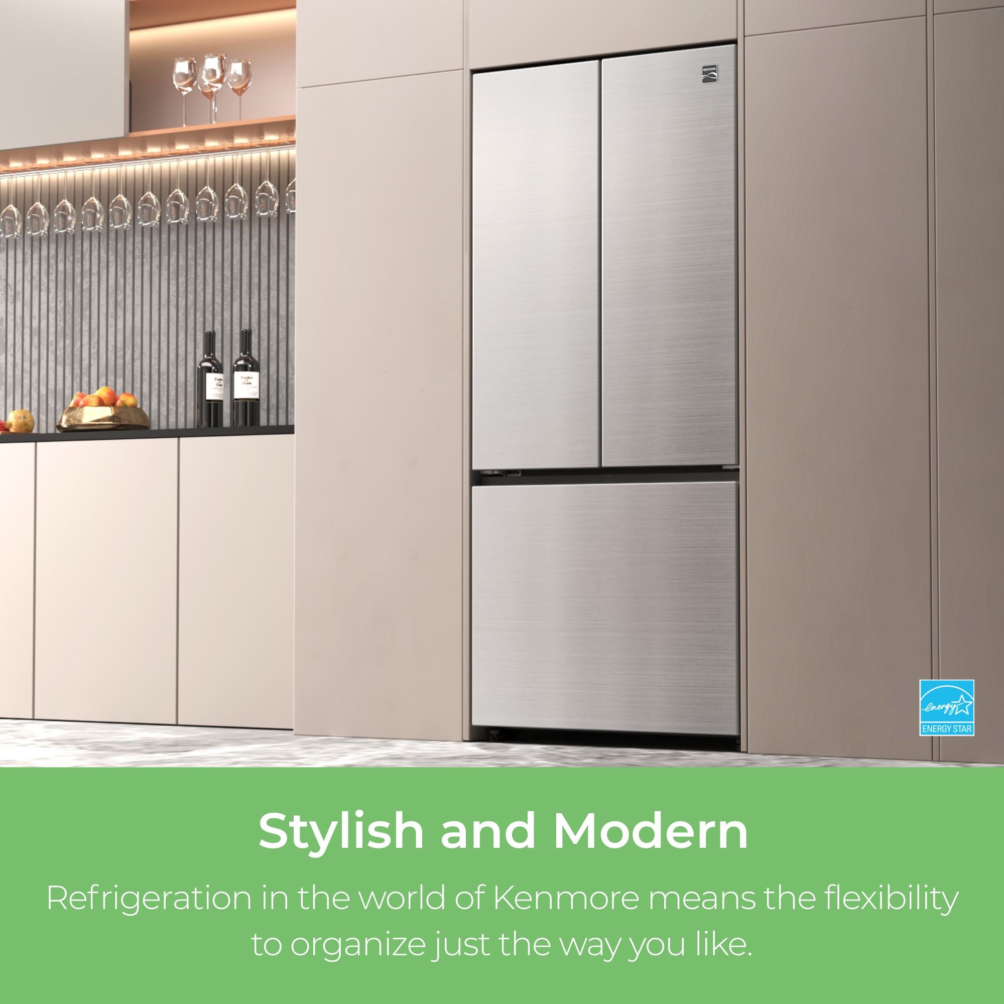Kenmore 508 L French Door Refrigerator, Stainless Steel, Adjustable Glass Shelves, Quiet Energy-Efficient Inverter Compressor, Frost-Free Freezer, Energy Star Certified