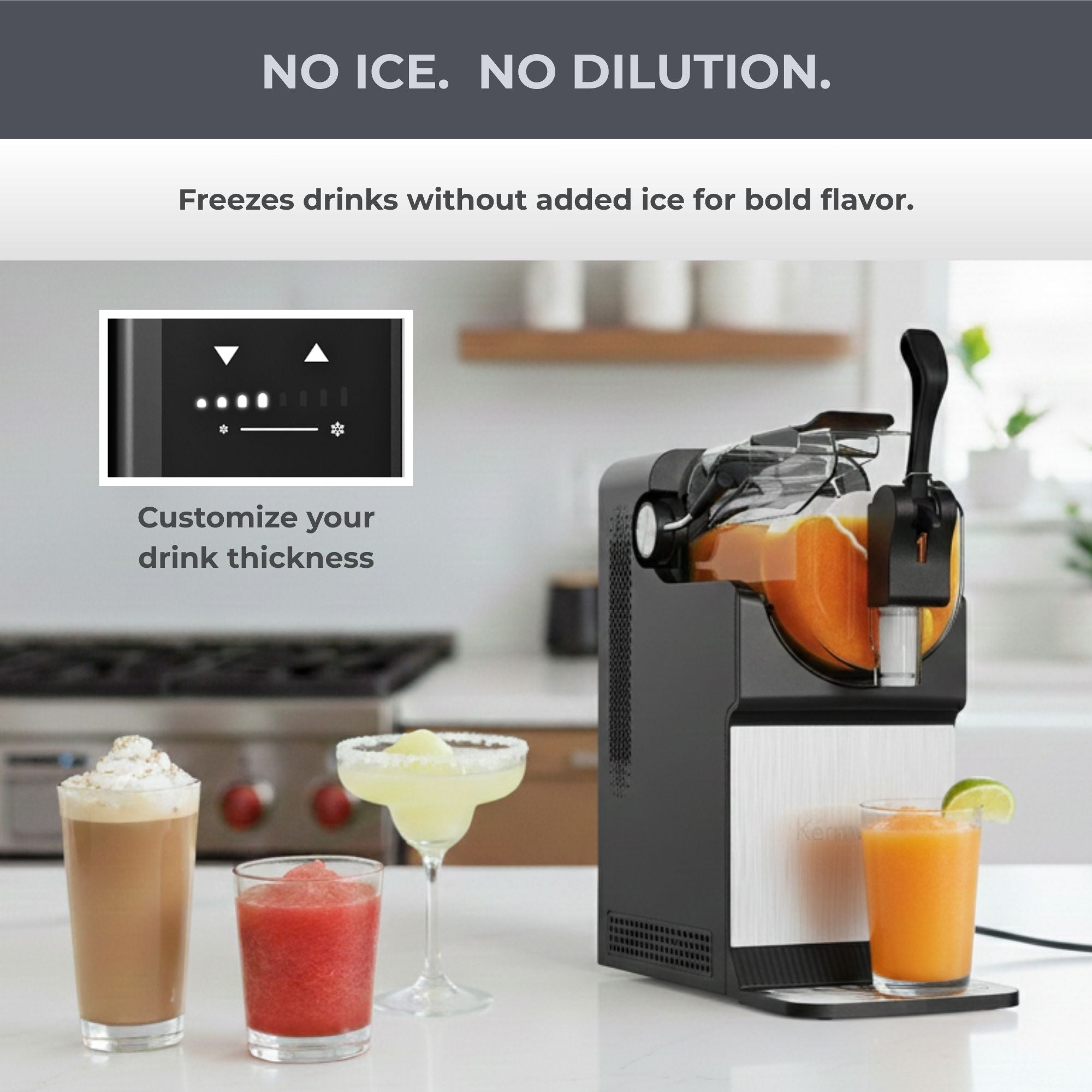 Kenmore slushie and frozen drink machine filled with orange coloured slush and several frozen drinks on a white marble countertop with stainless steel appliances in the background Text above reads, “No ice. No dilution. Freezes drinks without added ice for bold flavor,” and an inset closeup view of the control panel is captioned, “Customize your drink thickness.”
