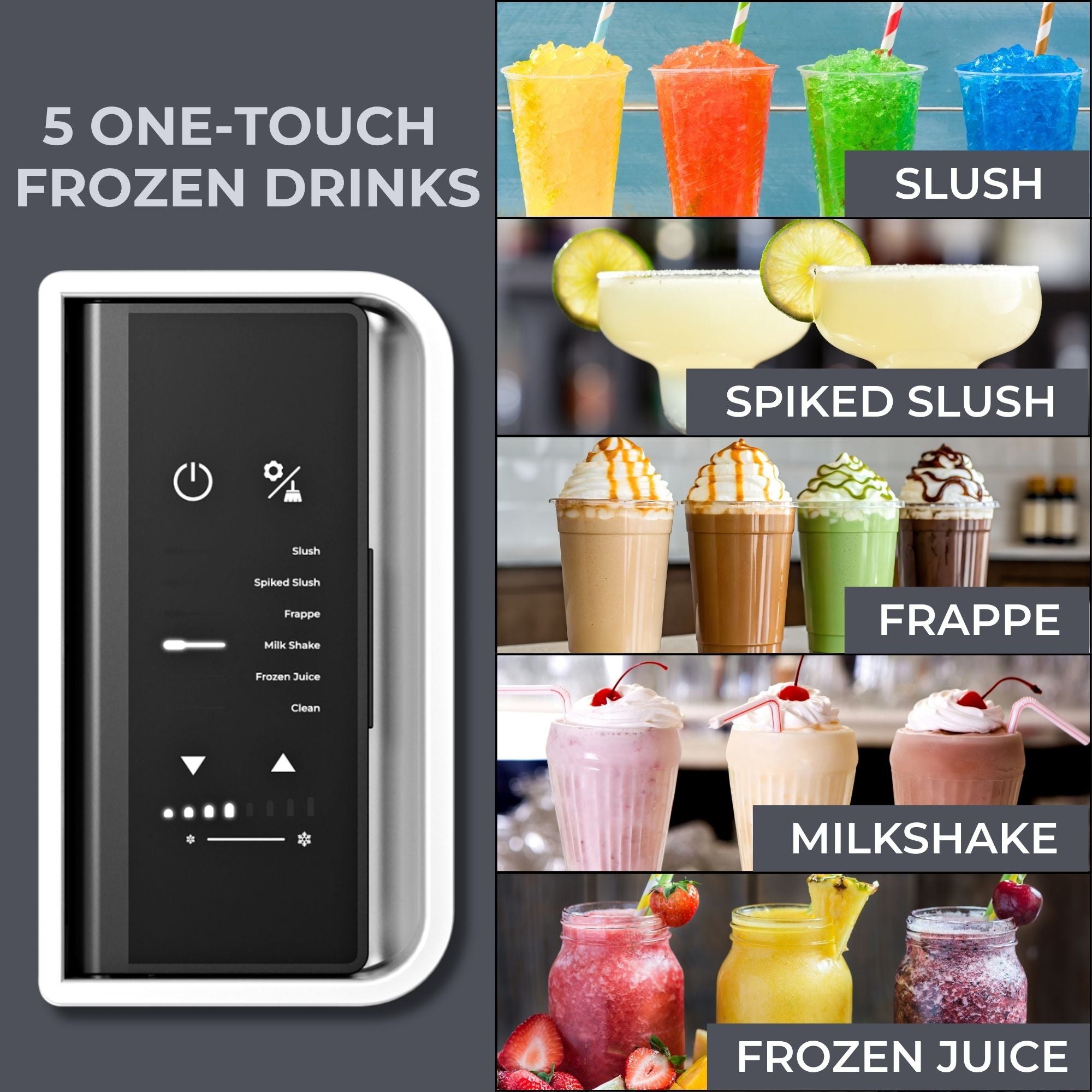 Closeup of the Kenmore slushie maker control panel with text above reading, “5 one-touch frozen drinks,” on the left and five pictures of different types of frozen drinks on the right, labeled: Slush, spiked slush, frappe, milkshake, and frozen juice.