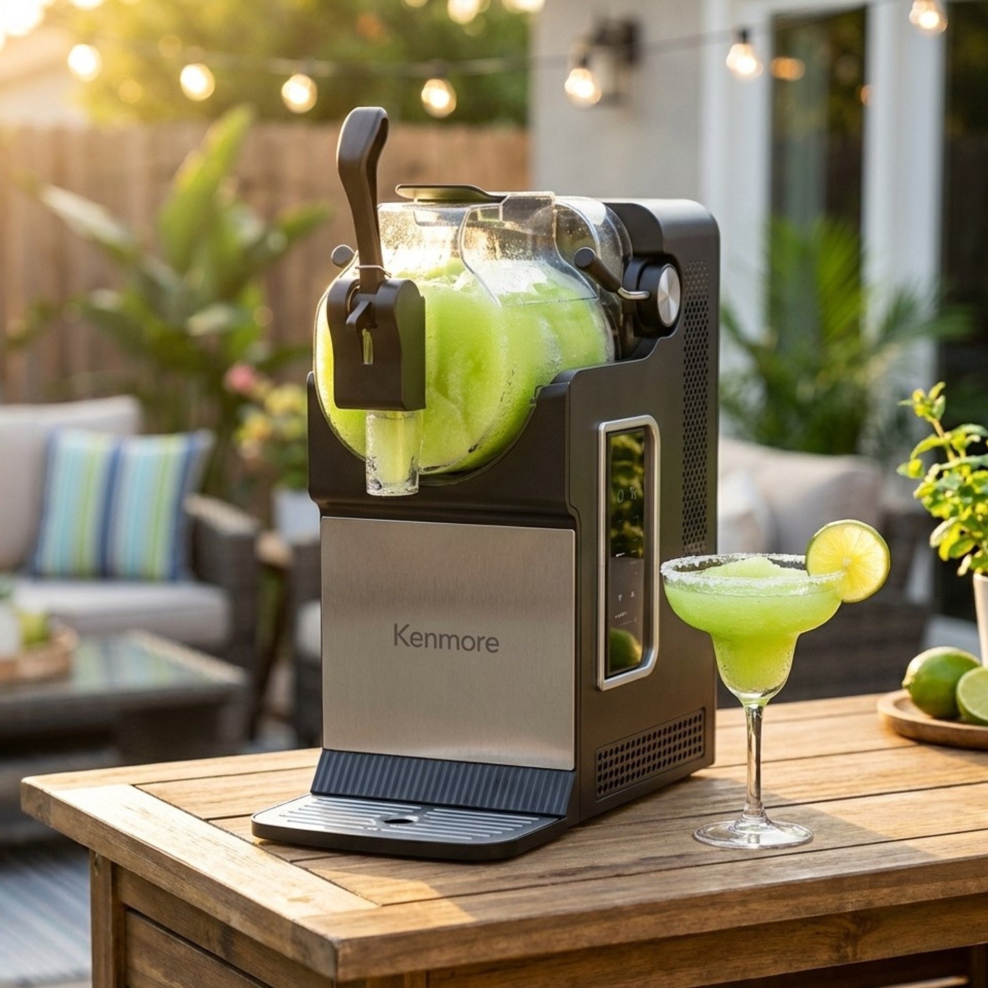 Kenmore slushie and frozen drink machine filled with light green slushie with a frozen margarita on a wooden table on an outdoor patio