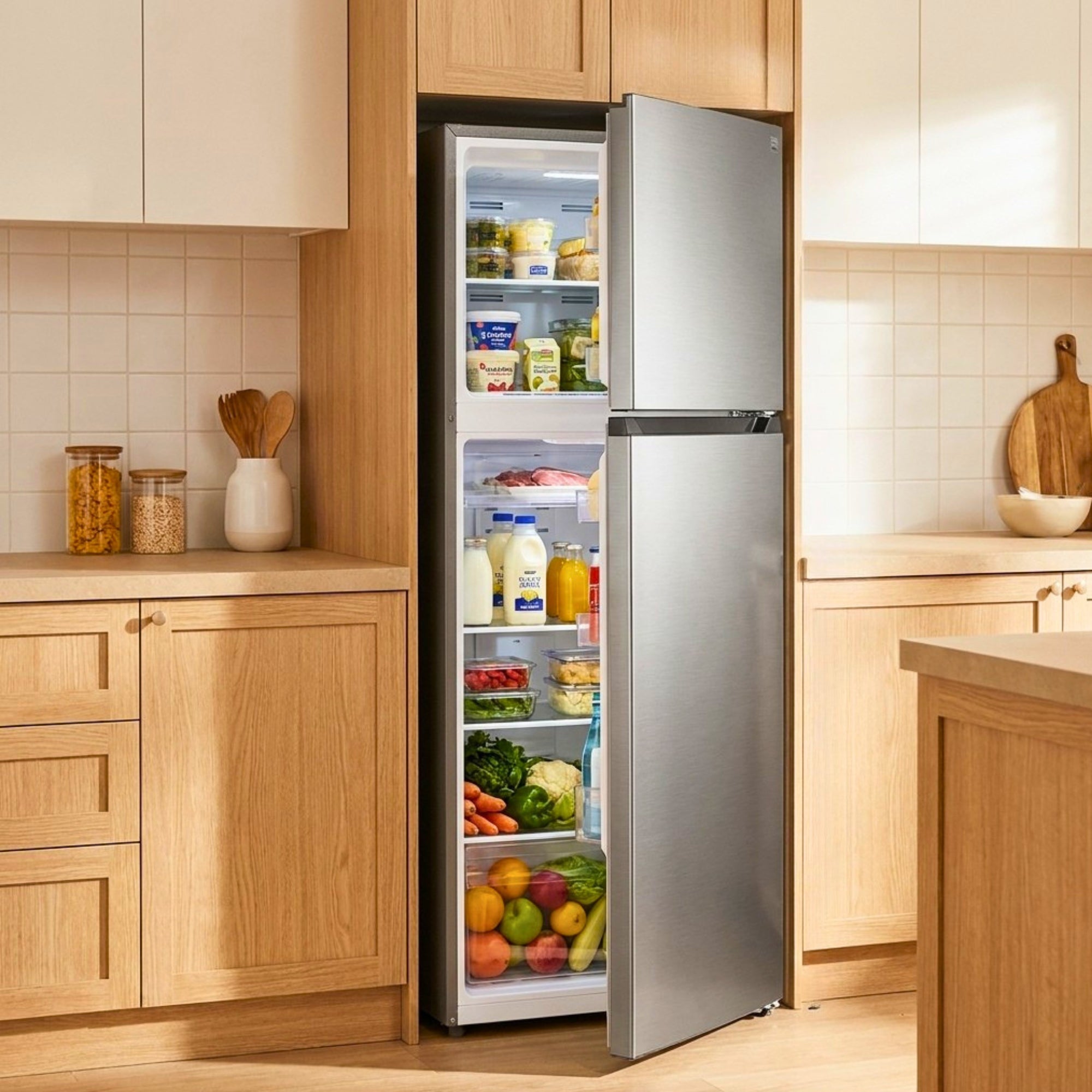 Kenmore 247L Top Mount Refrigerator Frost Free Stainless Steel Look Fridge Freezer Reversible Door LED Lighting Multi Air Flow 3.5 Star Energy AU