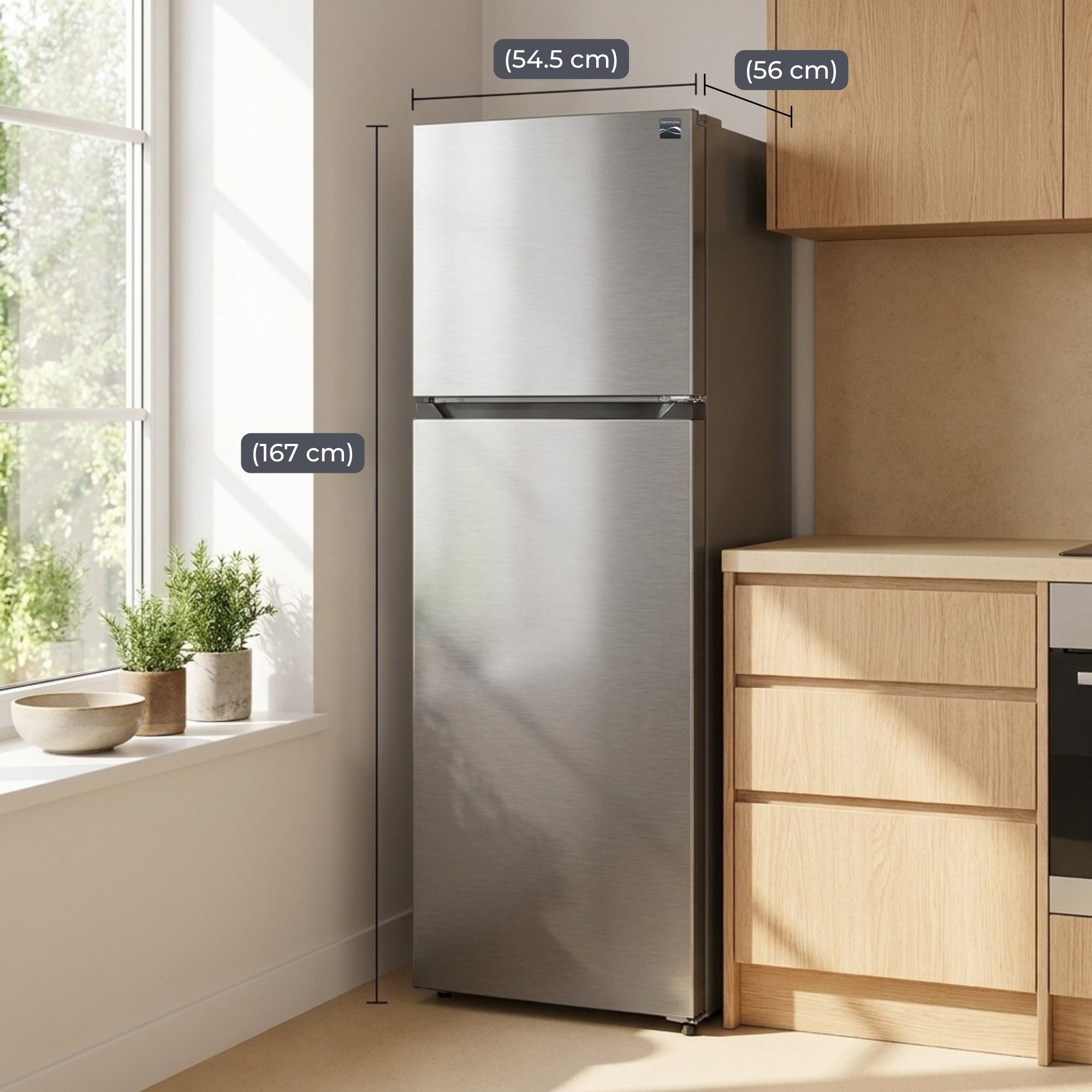 Kenmore 247L Top Mount Refrigerator Frost Free Stainless Steel Look Fridge Freezer Reversible Door LED Lighting Multi Air Flow 3.5 Star Energy AU