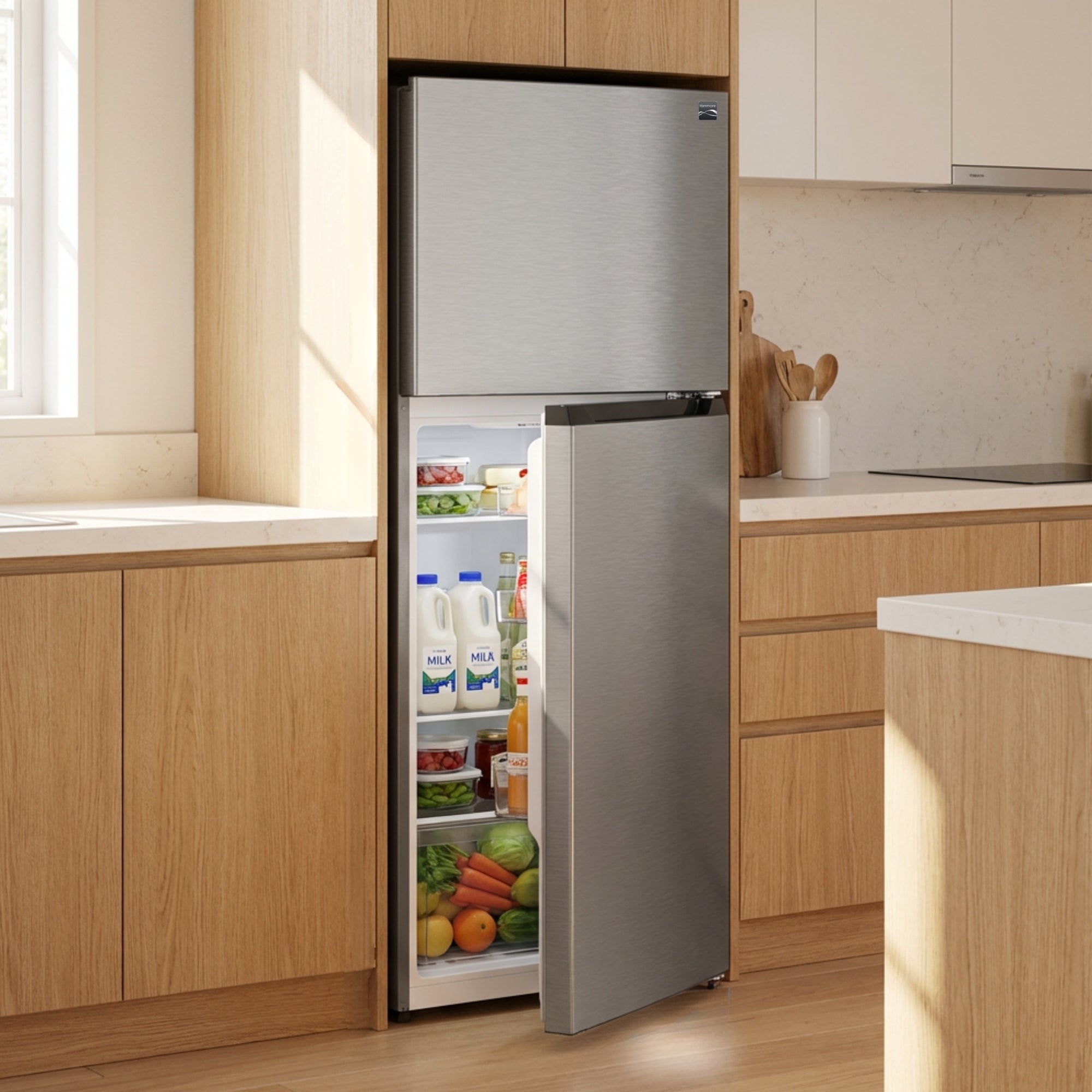 Kenmore 334L Top Mount Refrigerator Frost Free Stainless Steel Look Fridge Freezer LED Lighting Multi Air Flow Reversible Door 3.5 Star Energy AU