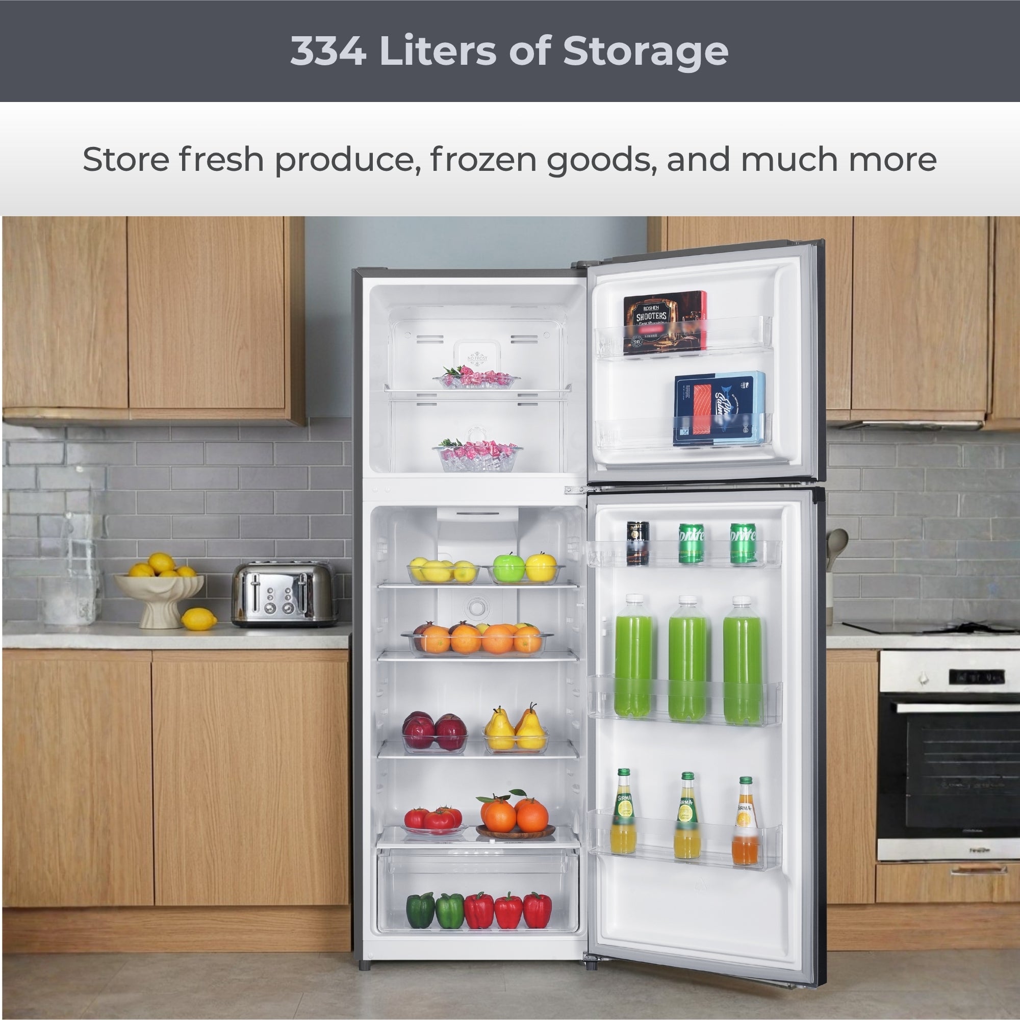 Kenmore 334L Top Mount Refrigerator Frost Free Stainless Steel Look Fridge Freezer LED Lighting Multi Air Flow Reversible Door 3.5 Star Energy AU