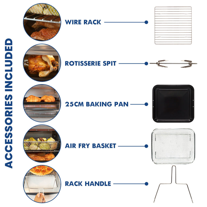 Pictures of included accessories, labeled, on a white background, with inside closeup images of them in use: Wire rack; rotisserie spit; 30 cm baking pan; air fry basket; rack handle