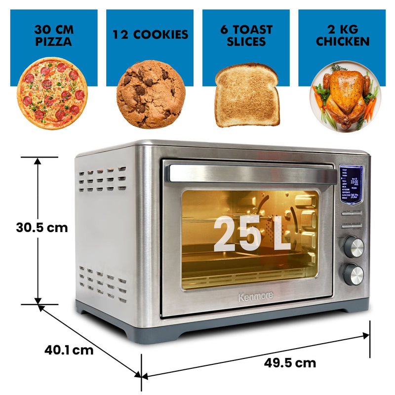 Kenmore 24L convection toaster oven on a white background with dimensions and capacity labeled and four inset pictures above showing what food fits inside: 30 cm pizza; 12 cookies; 6 toast slices; 2 kg chicken