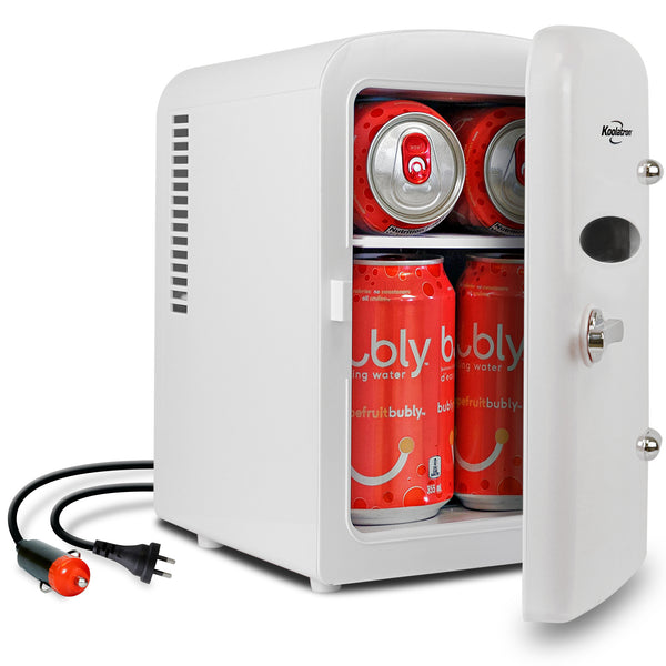 Koolatron 4L Mini Fridge, Portable, 6 Can Electric Cool Box for Drinks and Skincare, 12V DC and 220V AC Cords (White)