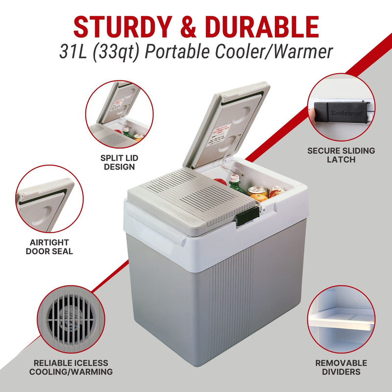 Koolatron 12V cooler/warmer open with food inside surrounded by closeup images of features, labeled: Reliable iceless cooling/warming; airtight door seal; split lid design; secure sliding latch; removable dividers. Text above reads, "STURDY AND DURABLE 31L (33 qt) portable cooler/warmer"