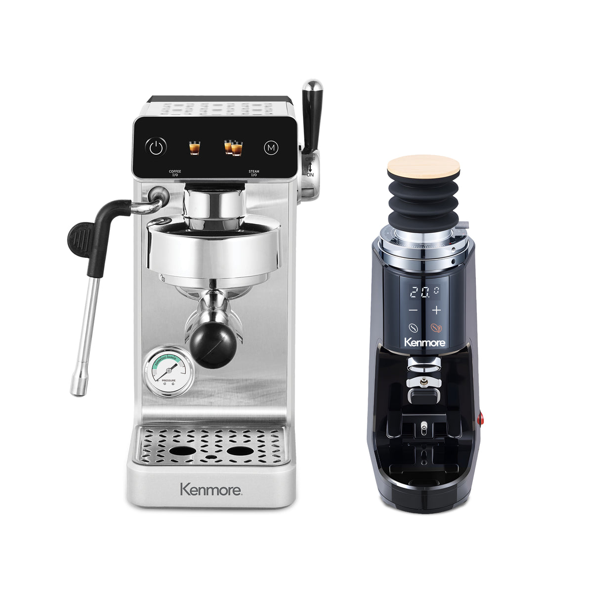 Kenmore Dualis Espresso Machine + Grinder, Dual Thermoblock Simultaneous Brew & Steam, Italian ULKA Pump, PID Temperature Control, 58mm Portafilter, Steam Wand, 1.2L Tank,