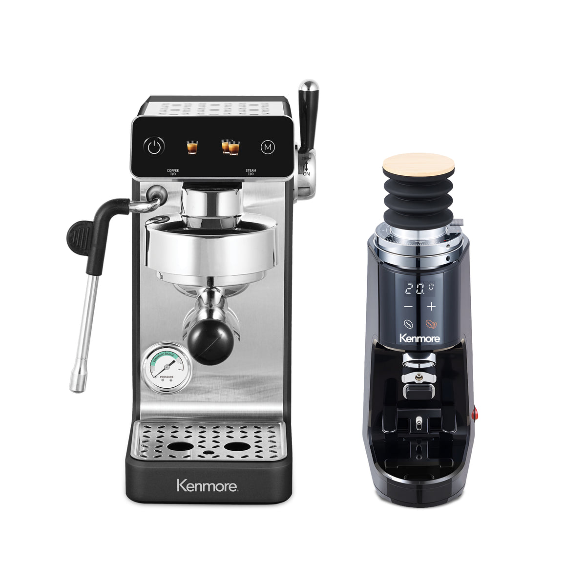 Kenmore Dualis Espresso Machine + Grinder, Dual Thermoblock Simultaneous Brew & Steam, Italian ULKA Pump, PID Temperature Control, 58mm Portafilter, Steam Wand, 1.2L Tank,