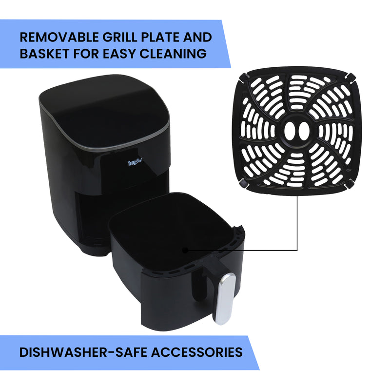 Total Chef air fryer with basket pulled out and non-stick grill plate removed. Text above reads, Removable grill plate and basket for easy cleaning, and text below reads, Dishwasher-safe accessories.