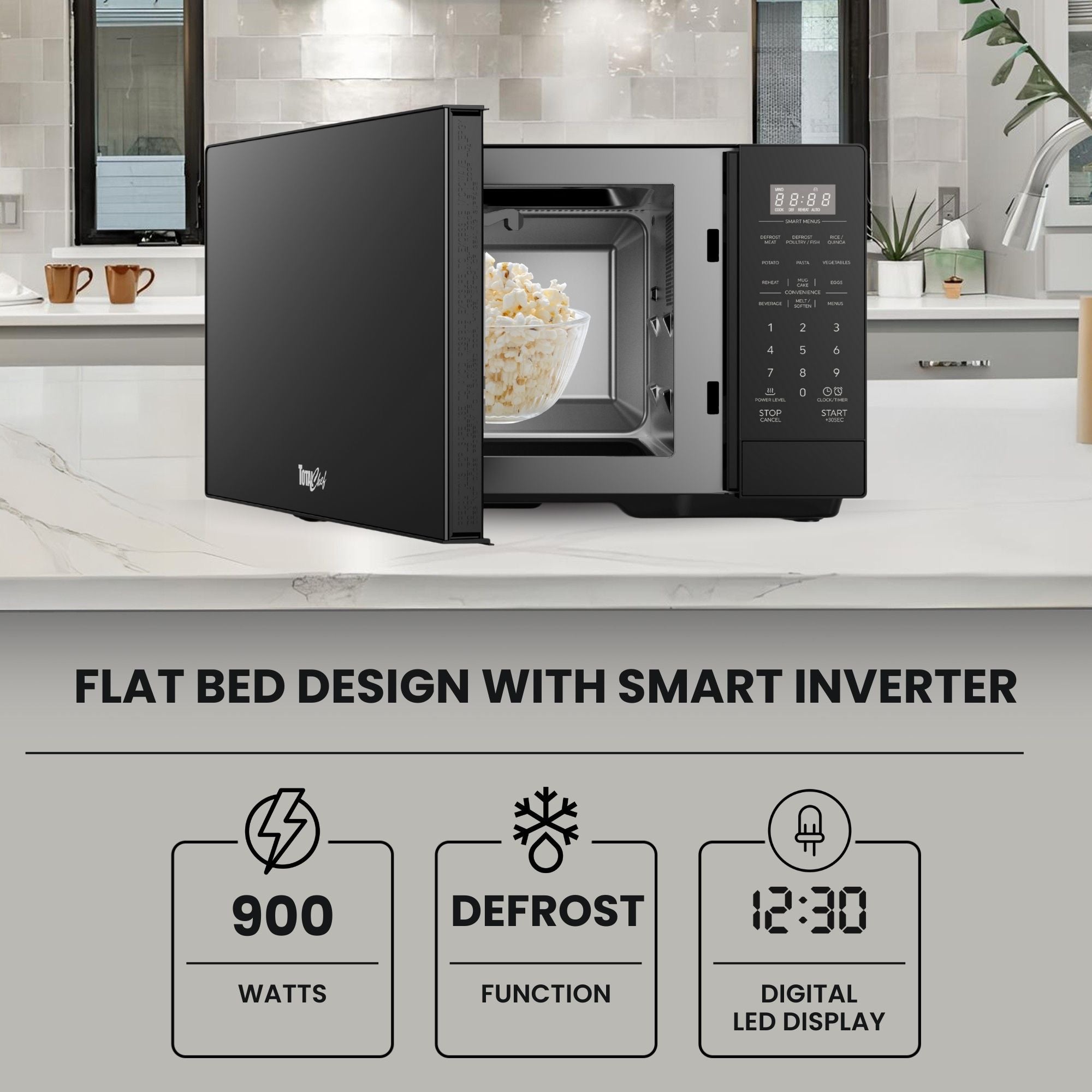 Total Chef 900W Flatbed Inverter Microwave Oven 26L, Black