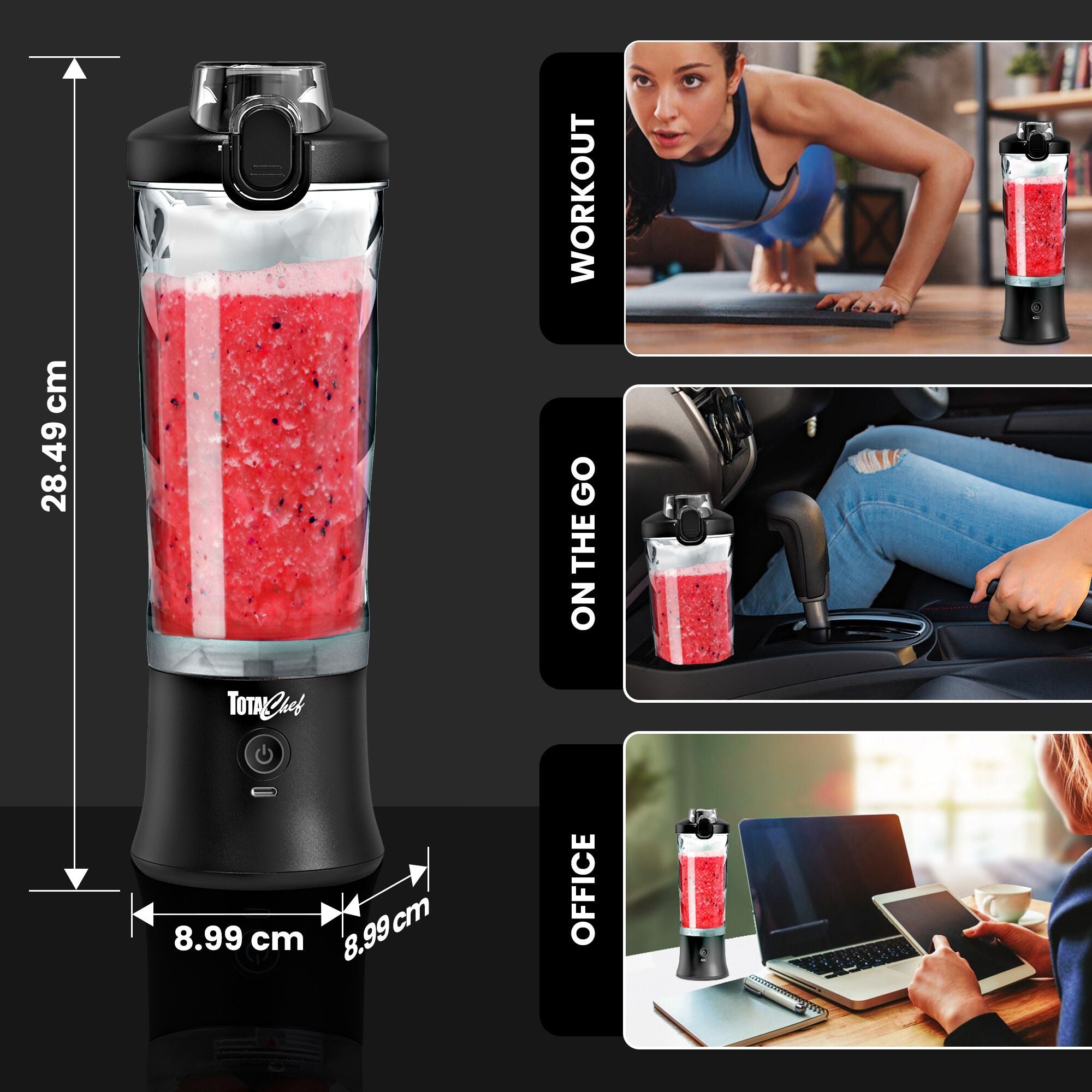 Total Chef Portable Blender, 600 mL Cordless Personal Blender for Smoothies and Shakes, Type-C USB Rechargeable Mini Blender,6 Stainless Steel Blades (Black)