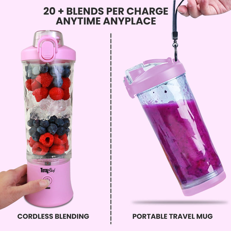 Left half shows a person's hand holding the blender, which is filled with raspberries, blueberries, and ice cubes, with their thumb on the power button. Text below reads, "Cordless blending." Right half shows a person's hand holding the blending jar, which is filled with bright purple smoothie and has the travel base cover on, by the carry strap. Text below reads, "Portable travel mug." Text at the top reads, "20+ blends per charge anytime anyplace."