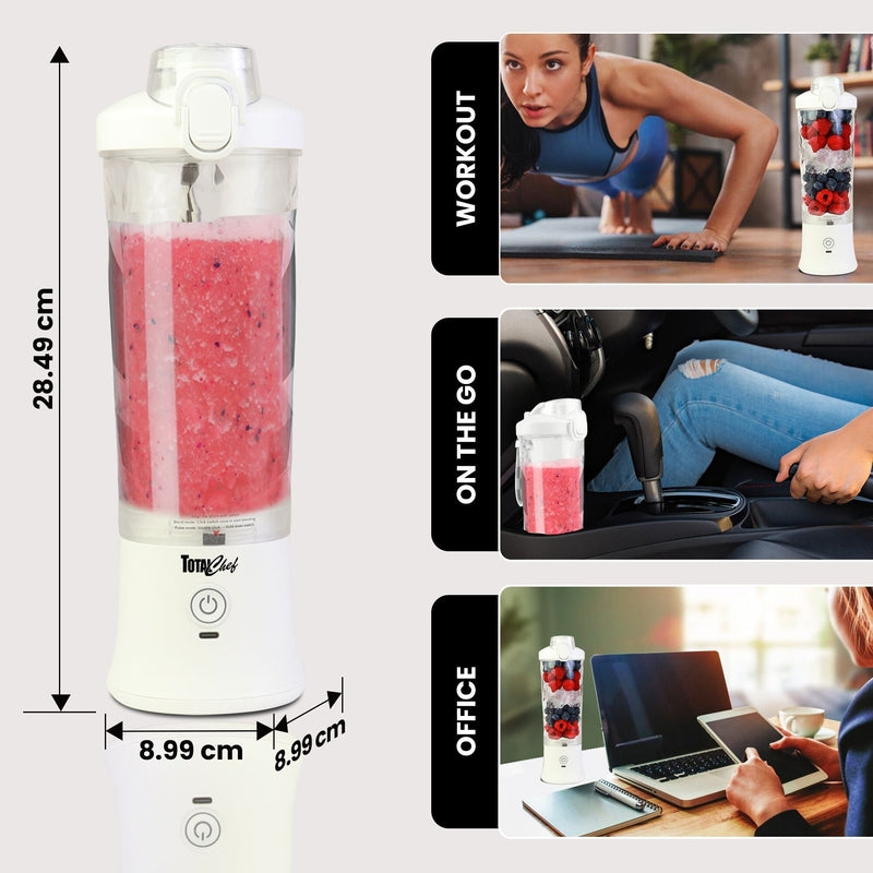 Total Chef Portable Blender, 600 mL Cordless Personal Blender for Smoothies and Shakes, Type-C USB Rechargeable Mini Blender, 6 Stainless Steel Blades (White)