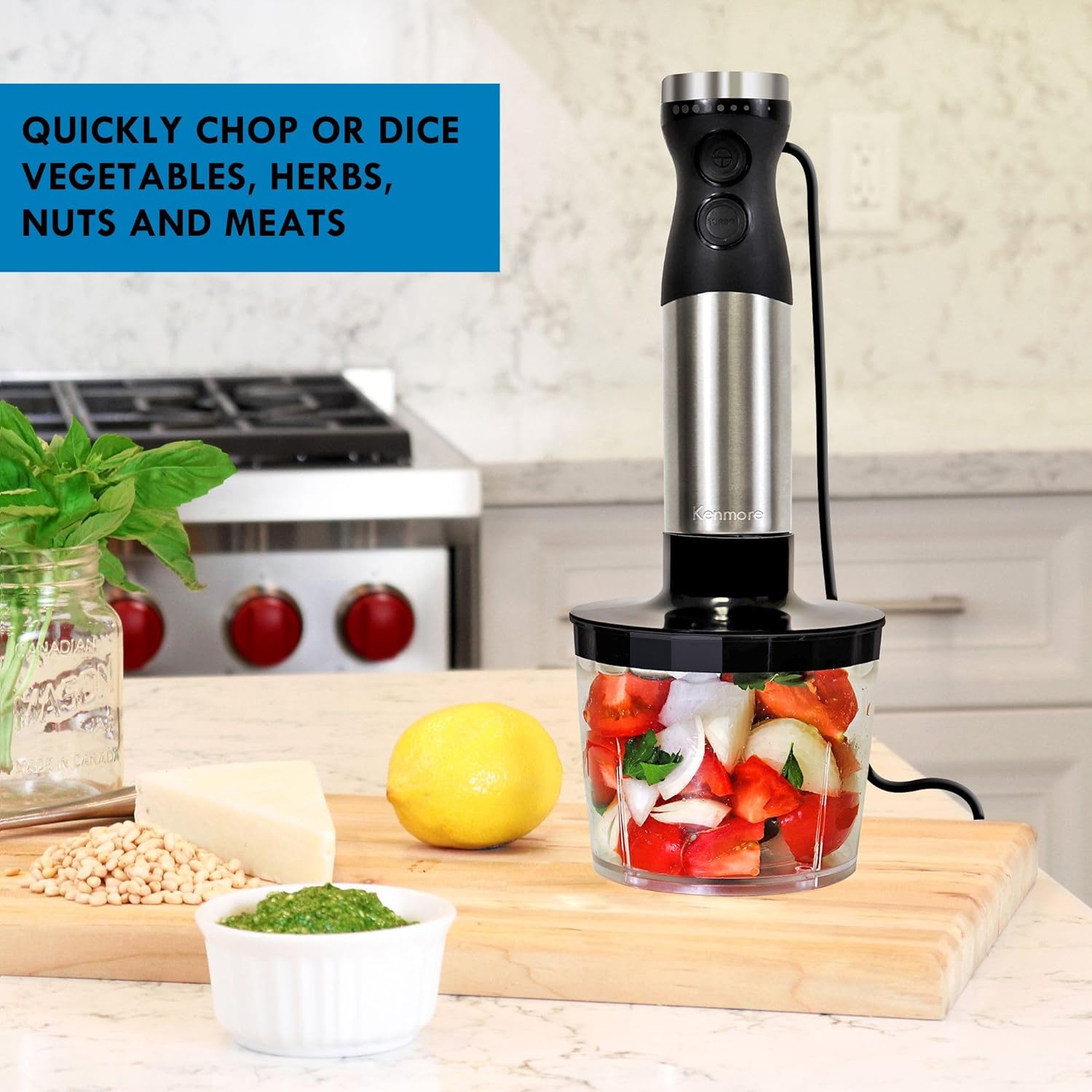 Kenmore Variable Speed Immersion Blender With Food Chopper & Whisk | Hand Blender With Turbo Pulse | Stainless Steel Quad Blades | Handheld Blending Stick | 700mL Beaker & Storage Lid | Black & Silver