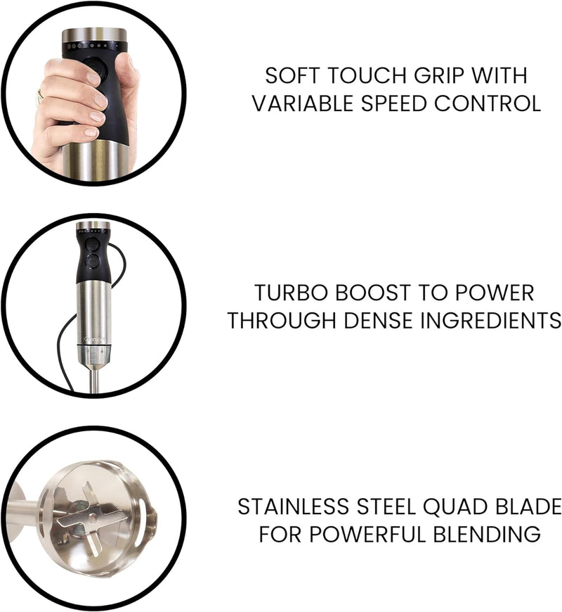 Kenmore Immersion Stick Blender, Variable Speed Hand Blender, Food Chopper, Whisk, 700mL Beaker and Lid, Quad Blade (Black/Silver)
