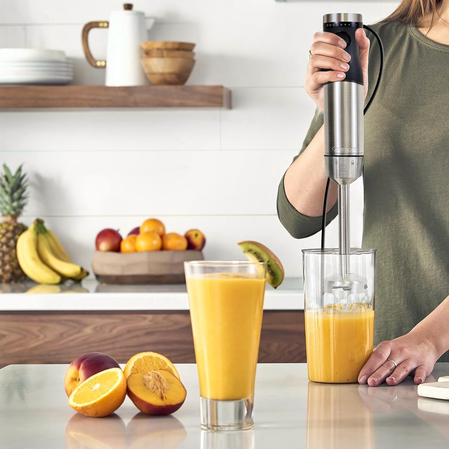 Kenmore Variable Speed Immersion Blender With Food Chopper & Whisk | Hand Blender With Turbo Pulse | Stainless Steel Quad Blades | Handheld Blending Stick | 700mL Beaker & Storage Lid | Black & Silver