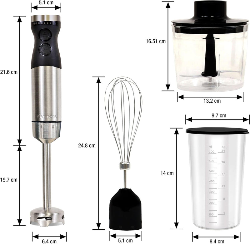Kenmore Immersion Stick Blender, Variable Speed Hand Blender, Food Chopper, Whisk, 700mL Beaker and Lid, Quad Blade (Black/Silver)
