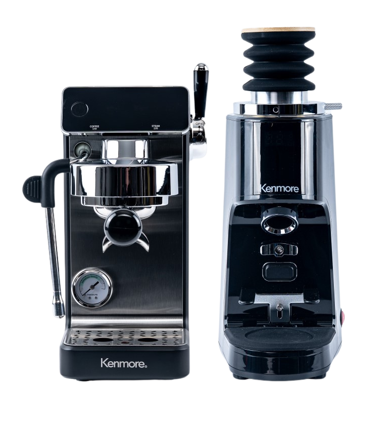 Kenmore Dualis Espresso Machine + Grinder, Dual Thermoblock Simultaneous Brew & Steam, Italian ULKA Pump, PID Temperature Control, 58mm Portafilter, Steam Wand, 1.2L Tank,