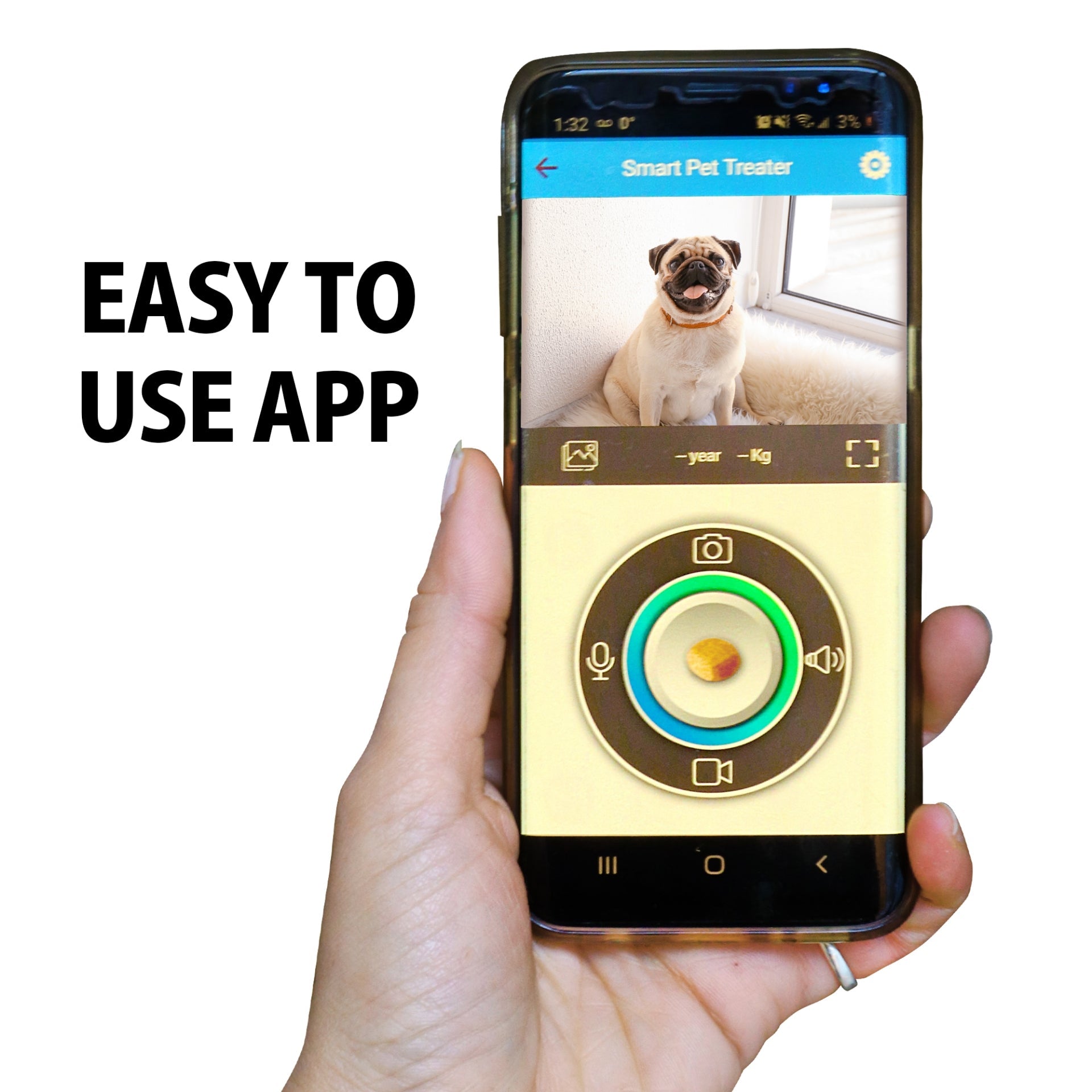 PT01 Lentek Smart Pet Treat Tosser with HD Video, 2-Way Audio - Hand holding smartphone with app displayed and text to the left reading Easy to use app