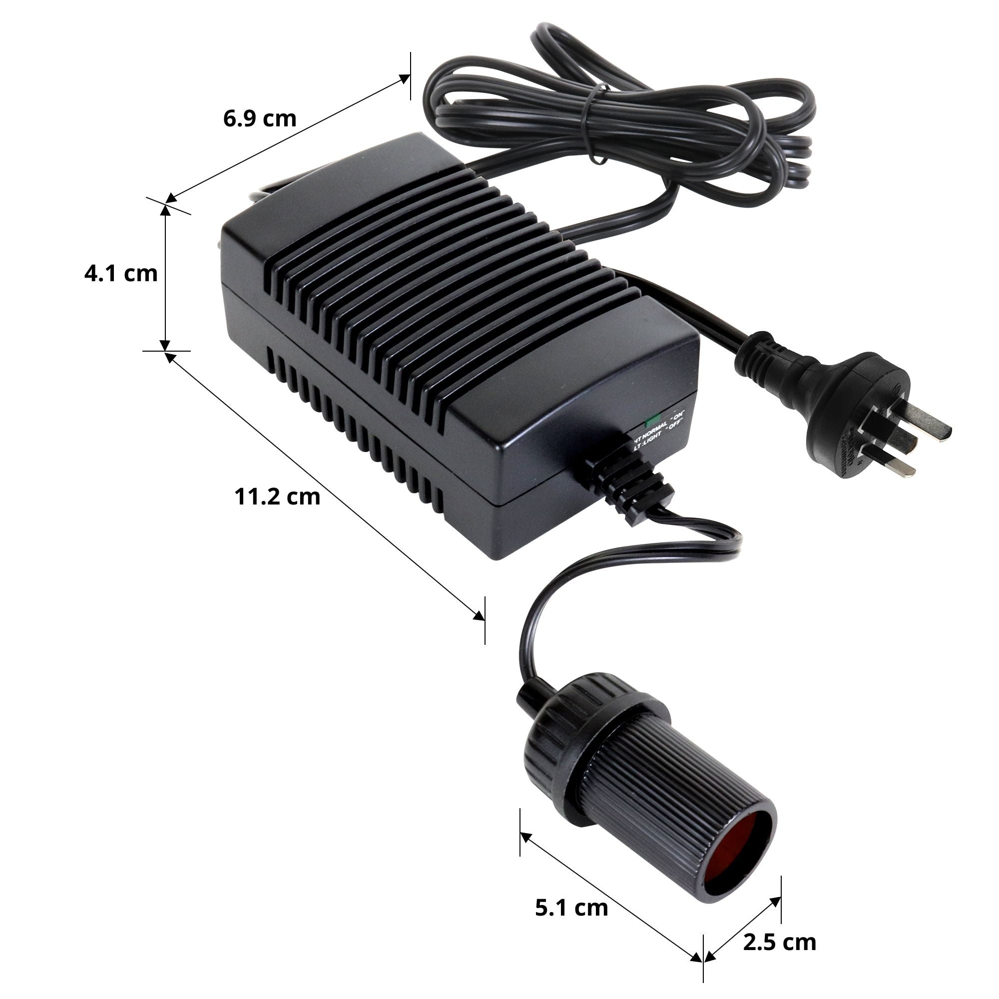 Koolatron AC to DC power adapter on a white background with dimensions labeled