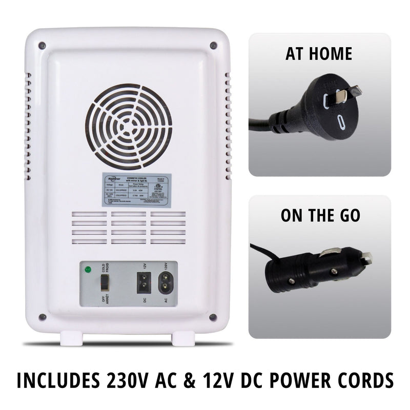 Product shot on a white background of the back of the cosmetics fridge with closeup images to the right of the AC and DC cords, labeled "at home" and "on the go" respectively. Text below reads, "Includes 230V AC and 12V DC power cords"