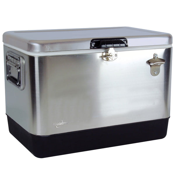 Product shot of Koolatron stainless steel 51 liter ice chest with bottle opener, closed, on a white background