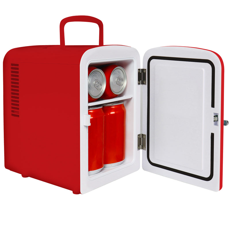 Product shot of red retro mini fridge with Bluetooth speaker, open with cans visible inside, on a white background