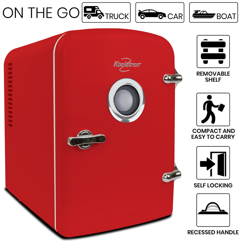 Product shot of red 4L cooler/speaker on a white background Text and icons above describe: On the go - truck car boat. Text and icons to the right describe: Removable shelf; compact and easy to carry; self-locking; recessed handle