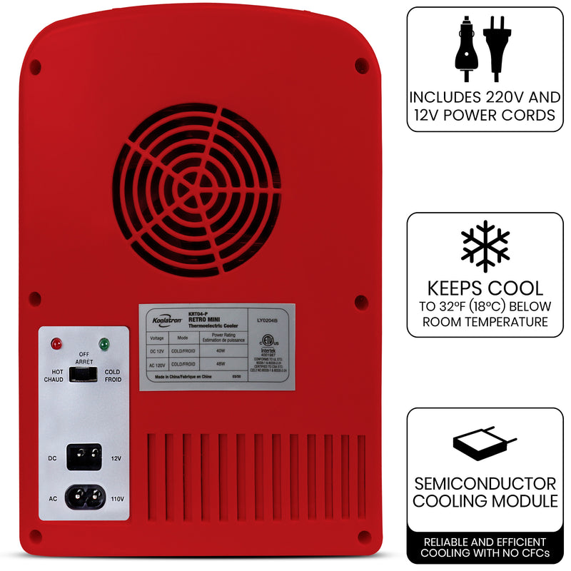 Product shot of the back of the red 6 can mini fridge/speaker on a white background with power/hot/cold switch and plug sockets visible. Text and icons to the right describe: Includes 220V and 12V power cords; Keeps warm to 135F (57C); Keeps cool to 32F (18C) below room temperature; semiconductor heating and cooling module - reliable and efficient cooling with no CFCs
