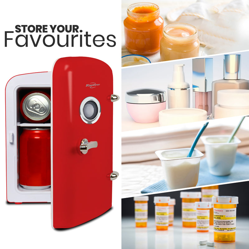 On the left is a product shot of red mini fridge with wireless speaker, partly open with cans visible inside, on a white background. Text above reads, "Store your favorites." On the right are four lifestyle images of items you could store in the mini fridge: Jars of baby food; skincare and beauty products; yogurt, medication