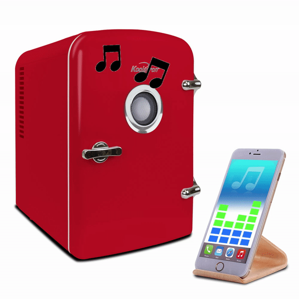 Animated product shot of red 4L mini fridge with Bluetooth speaker, closed, on a white background. There is a smartphone or music player on a stand in the foreground and small black music notes emanating from the speaker. The words "Bluetooth Speaker" appear and disappear below the image