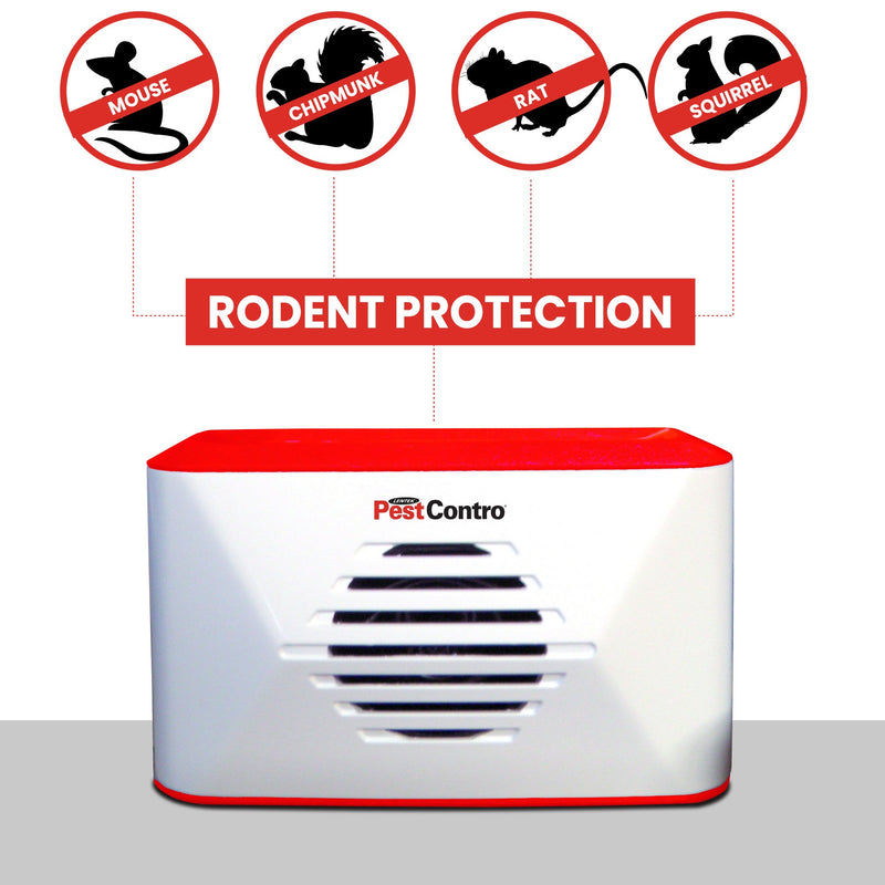 Product shot of PestContro portable ultrasonic rodent repeller on a white background with text and icons above describing: Rodent Protection - Mouse, chipmunk, rat, squirrel