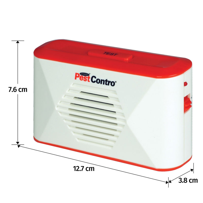Product shot of PestContro portable ultrasonic rodent repeller on a white background with dimensions labeled
